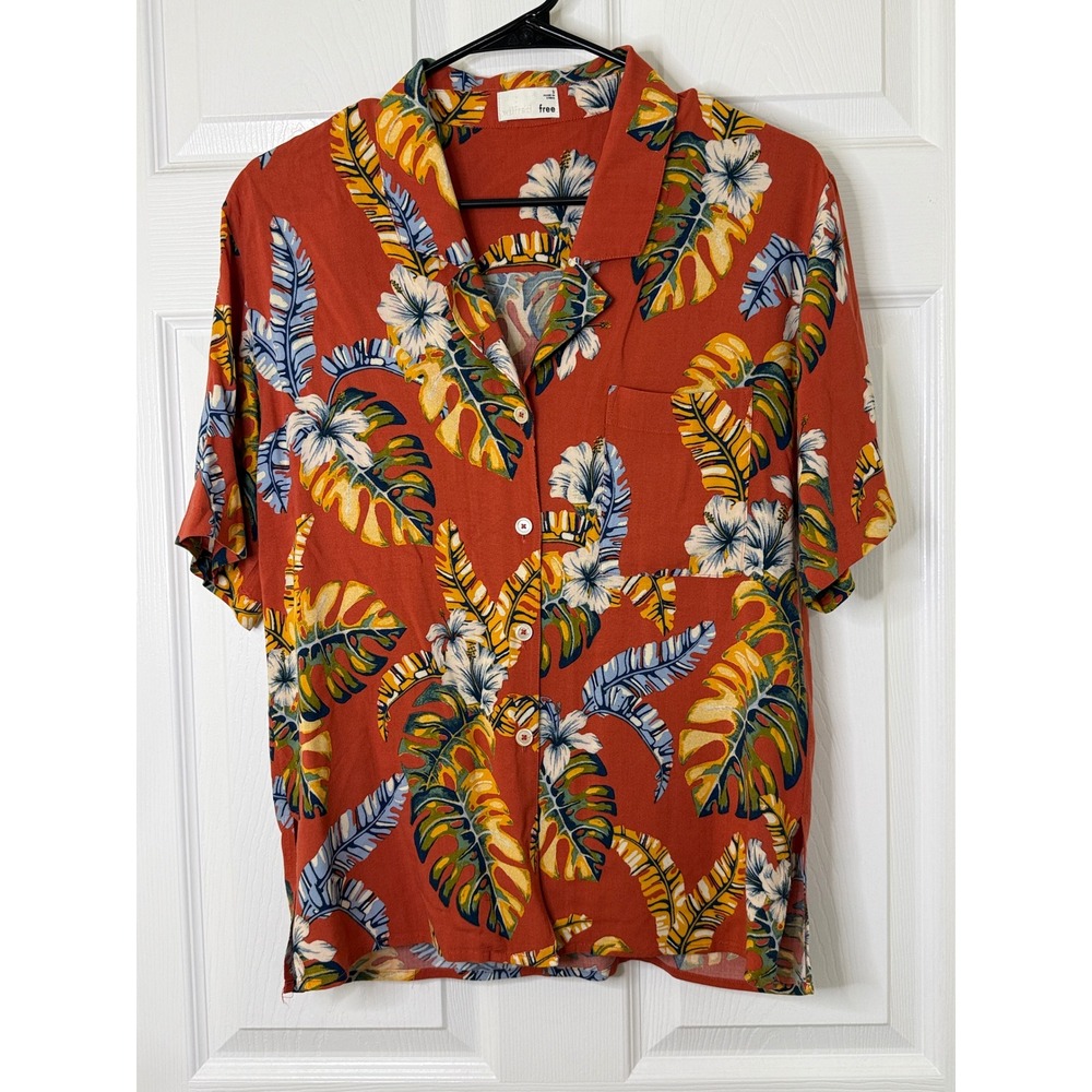Wilfred Free Button Down Small Orange Tropical Camp Shirt Hibiscus Hawaiian